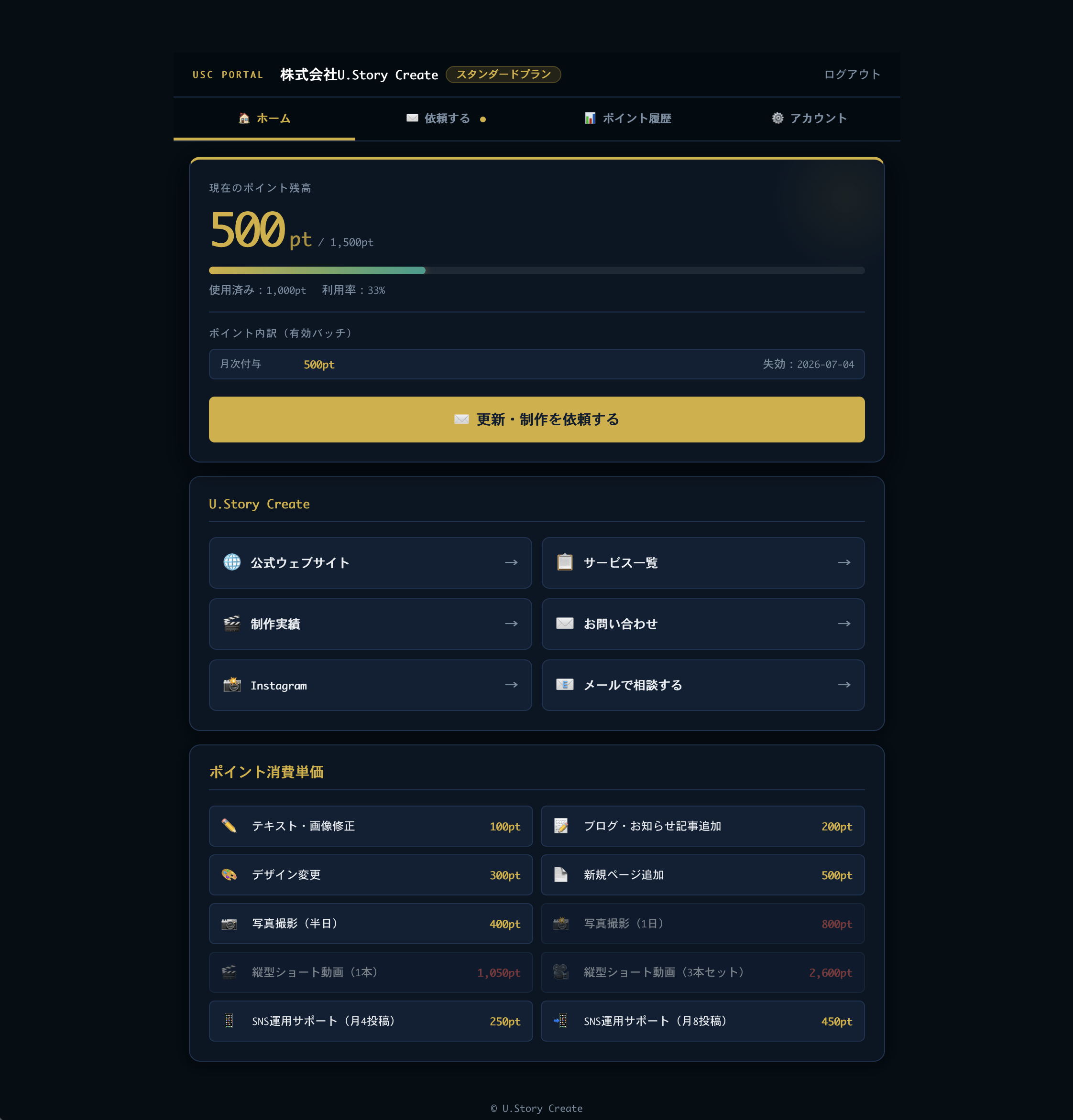 AIWebKeep会員ポータル|ポイント残高・消費単価一覧画面